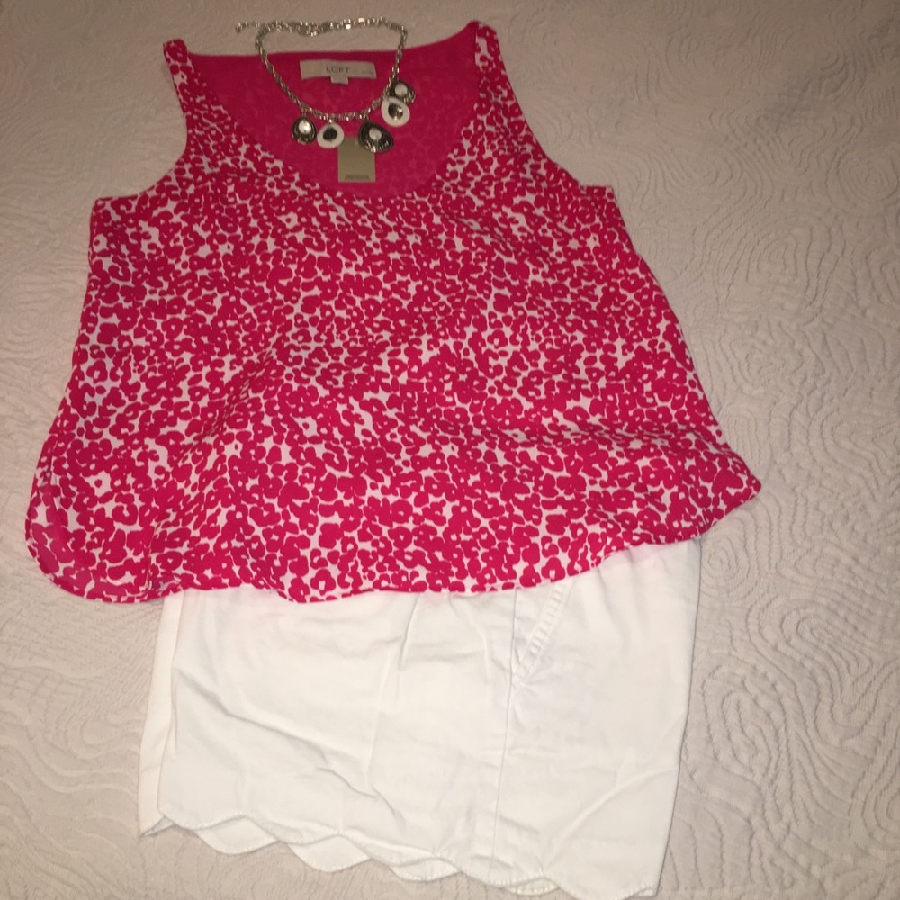 Loft pink, white animal print flowy top, XSP, NWT